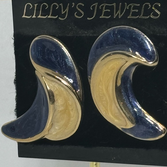 Vintage Gold Blue & Cream Enamel Earrings by Lilly’s - Classic & Elegant Design - Picture 1 of 7